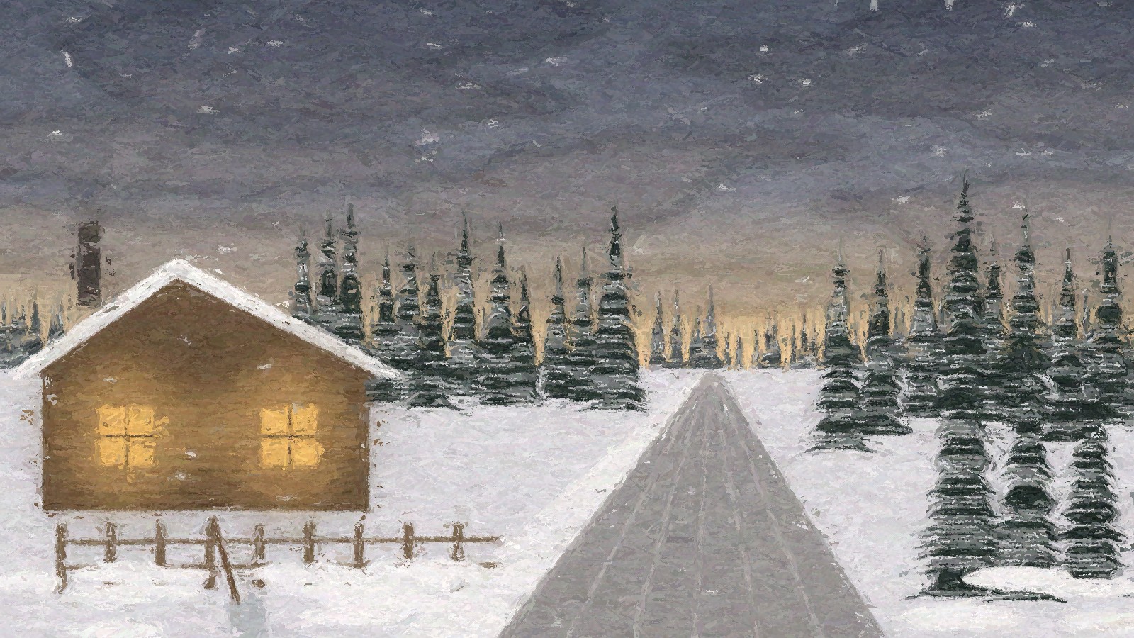 Hand-painted oil style scene of a snowy road leading toward a low golden sky near Fairbanks, with a log cabin with warm lit windows, a wooden fence and a snow shovel on the left, black spruce on both sides and light snow falling, muted natural colors