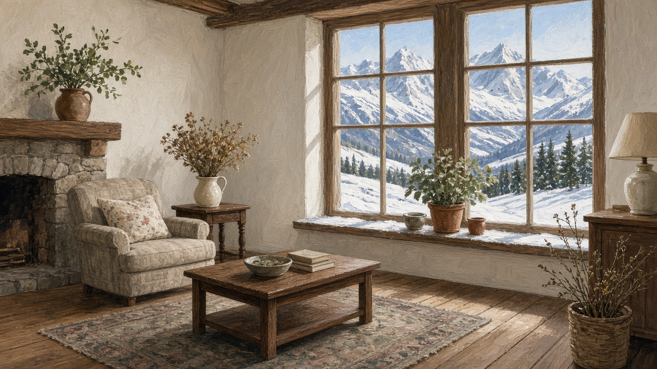 Painting of a clean living room with a fireplace and a big window onto snowy mountains, showing house cleaning in Palmer