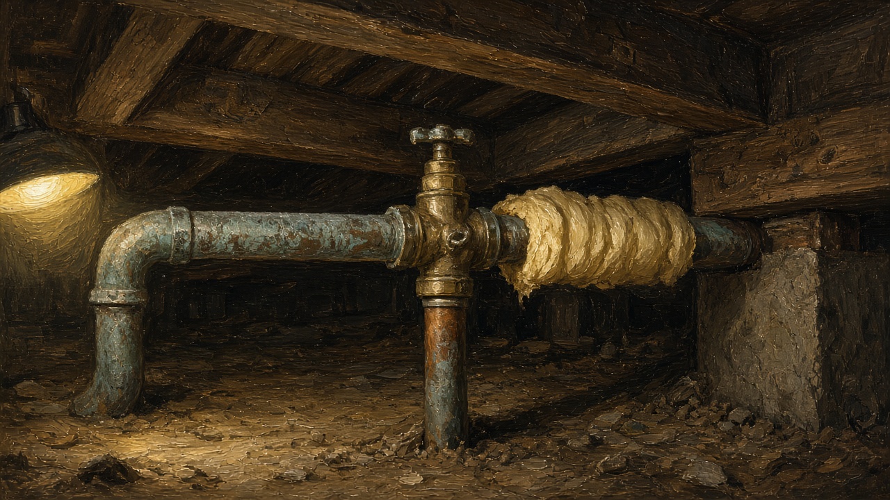 Painting of a crawl space water pipe with a shutoff valve and partial insulation, a job for an emergency plumber in Fairbanks