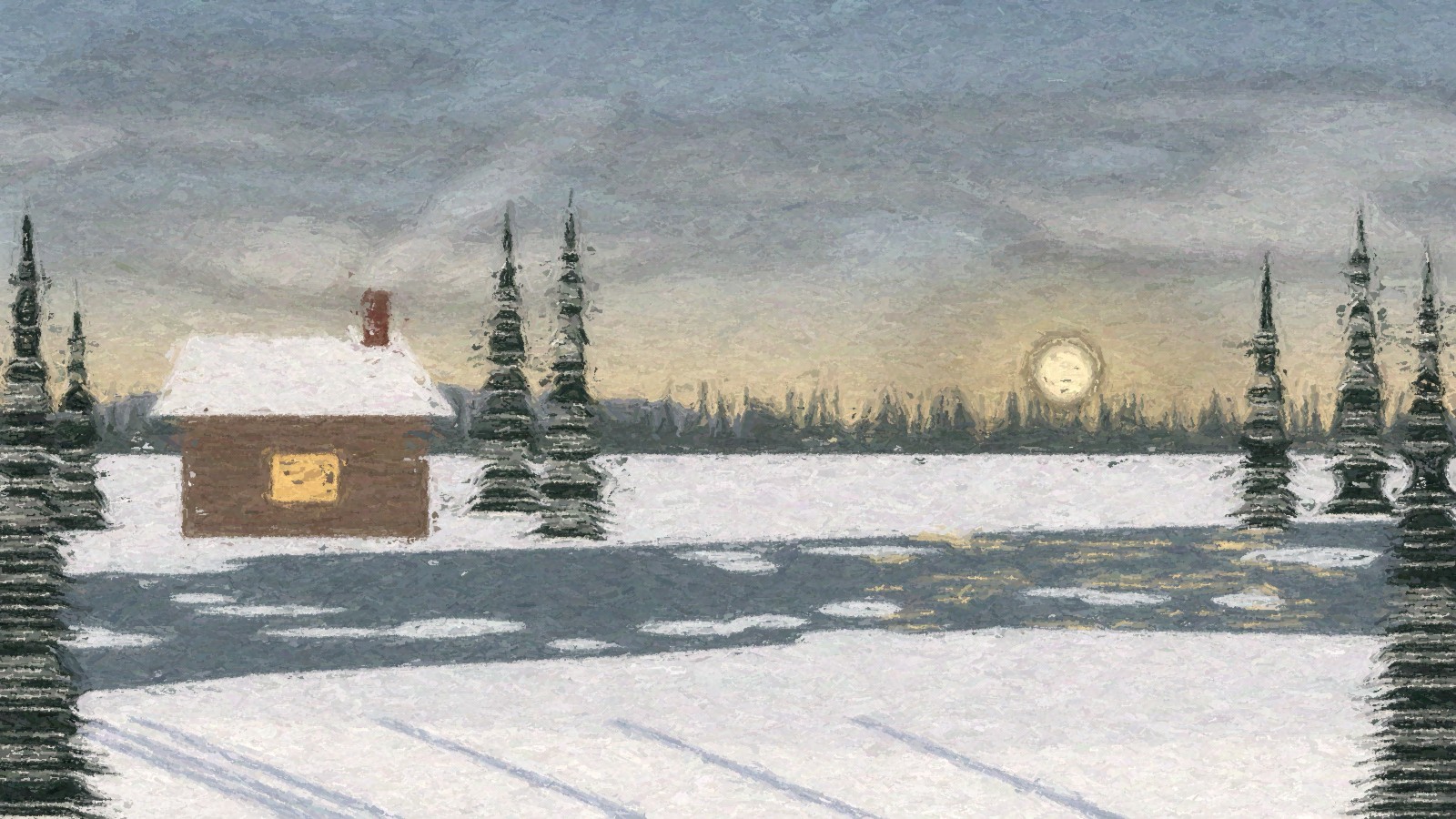 Painting of a log cabin on a snowy riverbank near Fairbanks with a low October sun glowing over the spruce treeline and long blue shadows across the snow