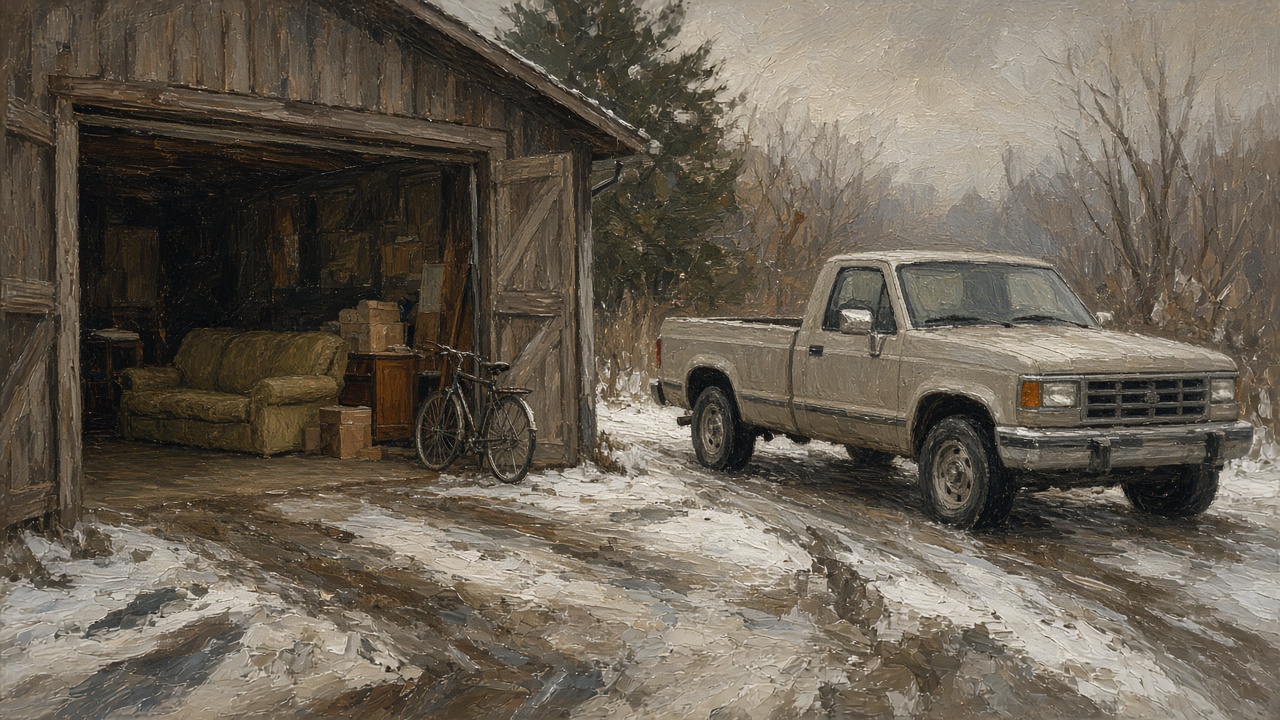 Painting of an open garage full of boxes and an old couch with a pickup in the slushy driveway, ready for junk removal in Anchorage