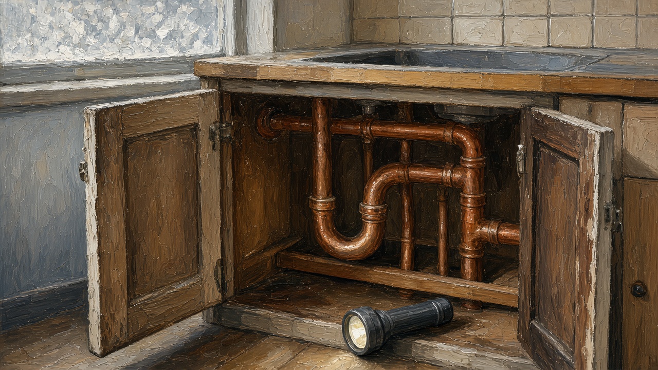 Painting of copper pipes under a kitchen sink with a flashlight on the floor, for plumber help in Anchorage