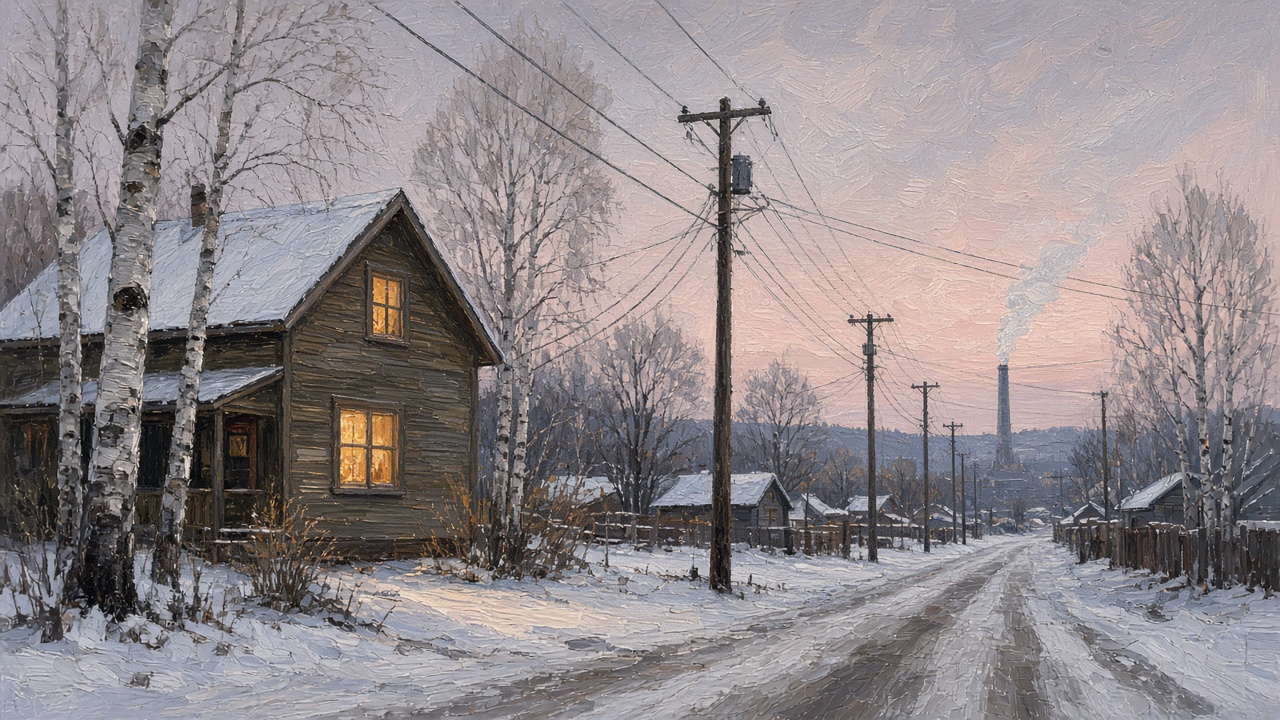 Painting of a snowy Fairbanks street with a lit house, power lines, and a power plant steam plume under a pink winter sky