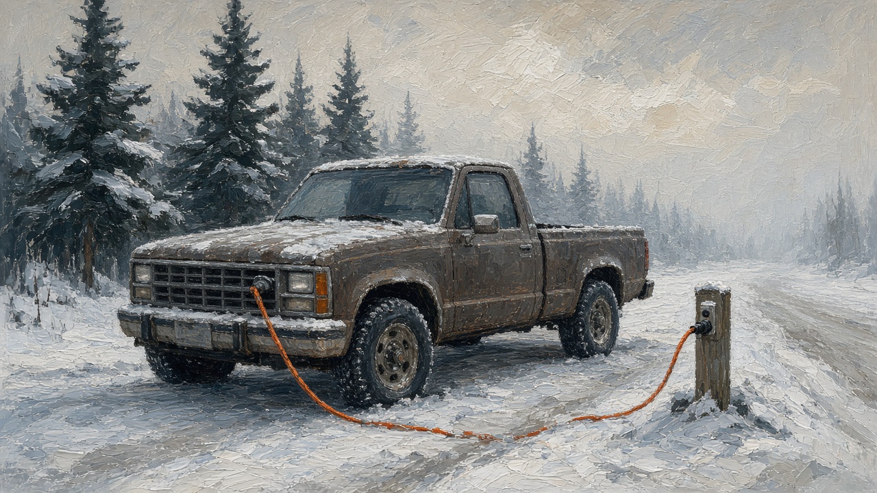 Painting of an older pickup on studded tires plugged into an outlet post, winter prep alongside snow removal North Pole