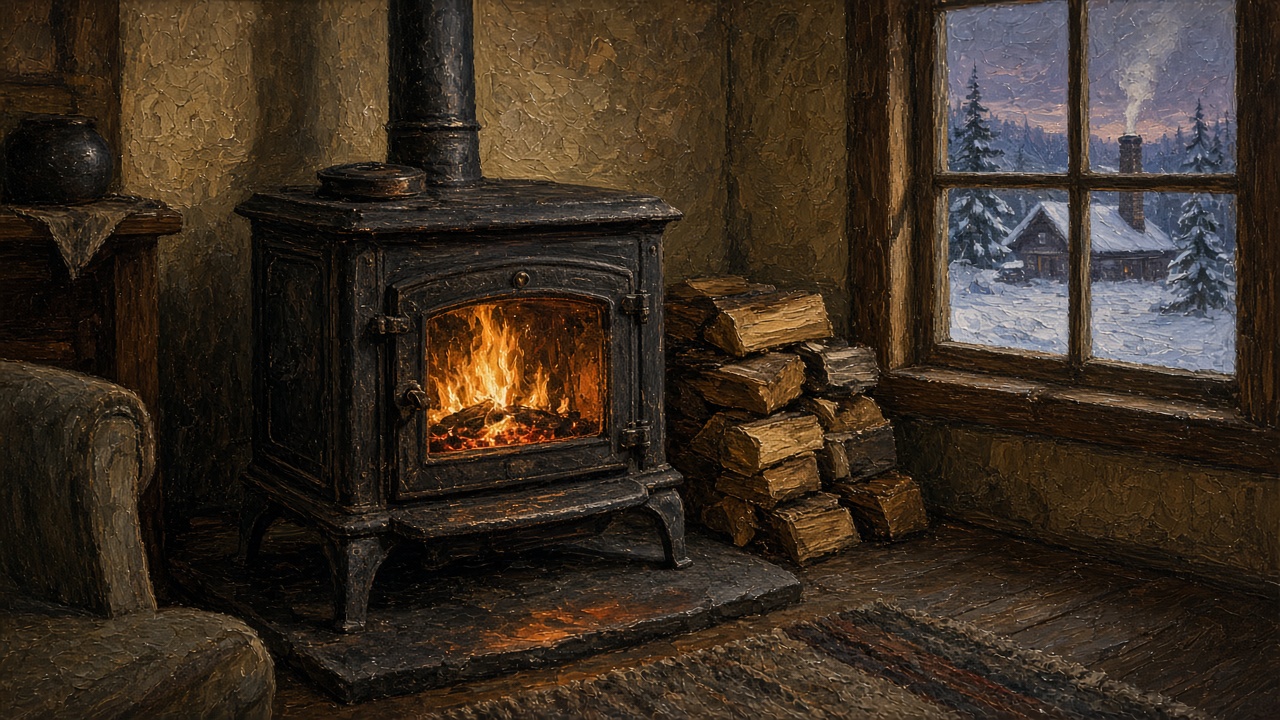 Painting of a cast iron wood stove and firewood with a snowy cabin out the window, a cozy home after house cleaning Fairbanks AK