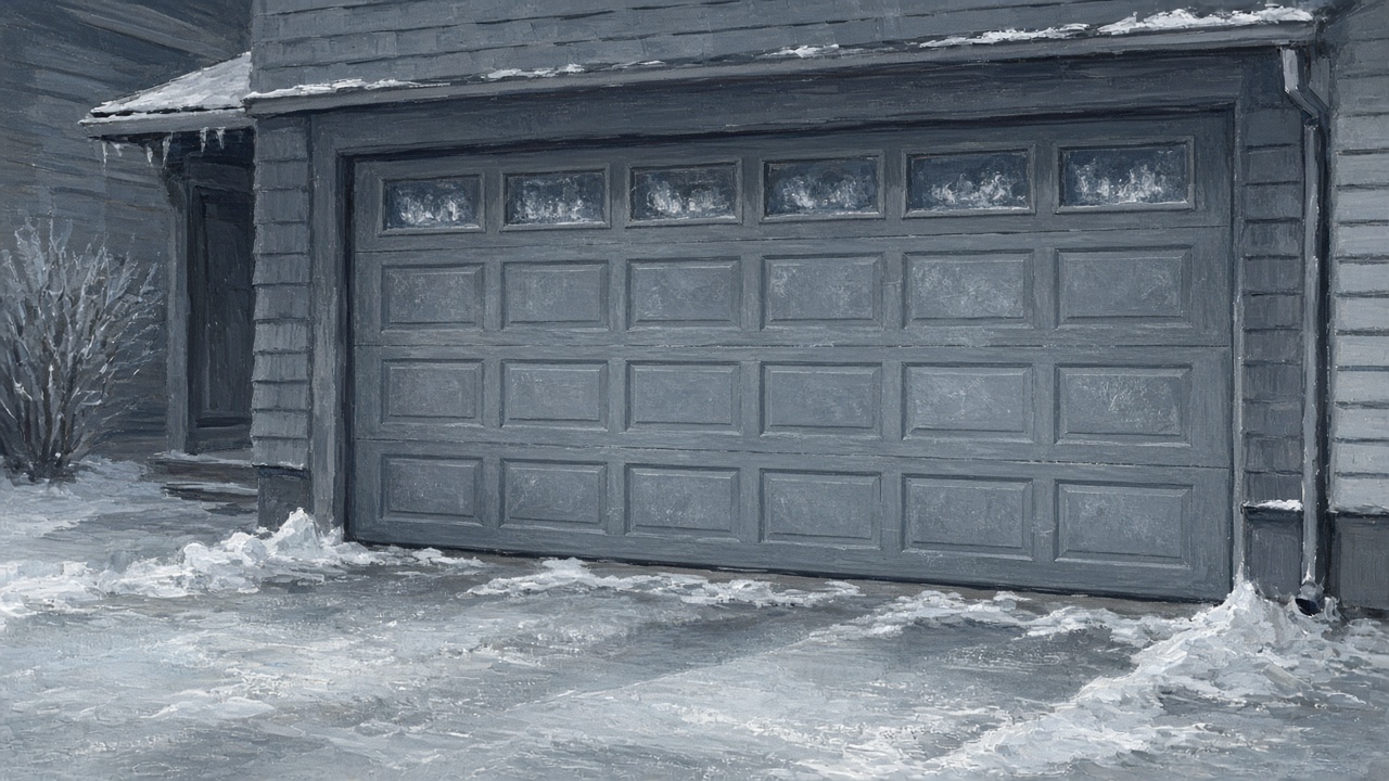 Painting of a gray garage door with ice and snow along the bottom on a cold morning, for garage door repair in Anchorage