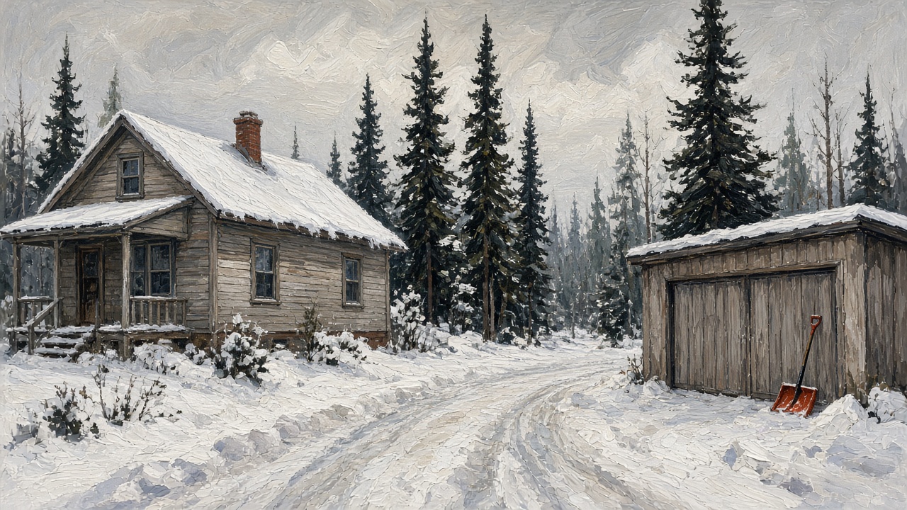 Painting of a snowy Fairbanks driveway with an orange shovel by the garage, ready for snow removal in Fairbanks