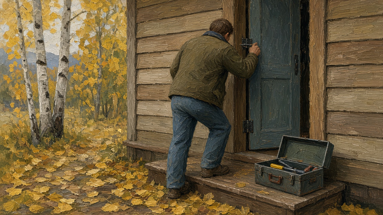 Painting of a handyman working on a front door with a toolbox on the step and yellow birch leaves, for handyman help in Anchorage