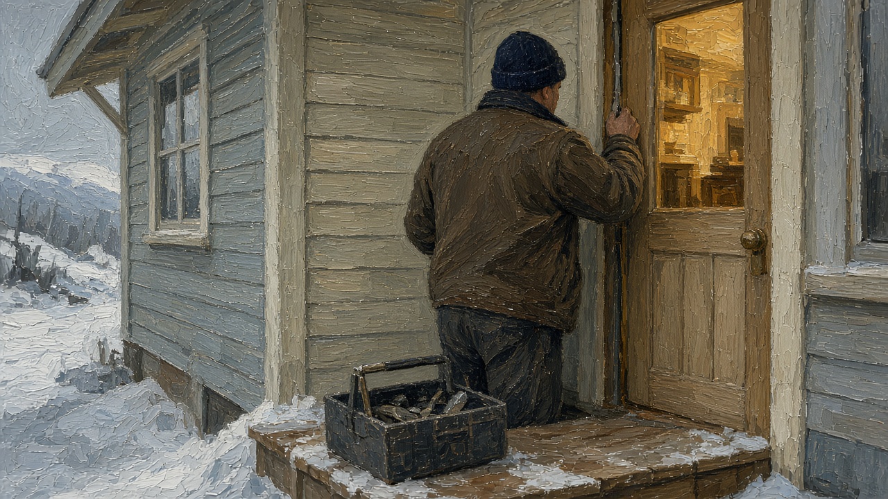 Painting of a handyman working on the entry door of a house with a toolbox on the snowy step, for handyman services in Wasilla AK