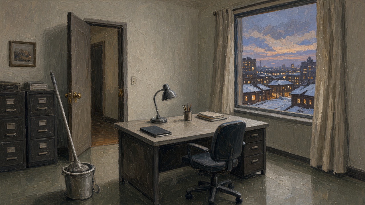 Painting of a tidy small office at dusk with a mop bucket by the desk and city lights outside, for office cleaning in Anchorage