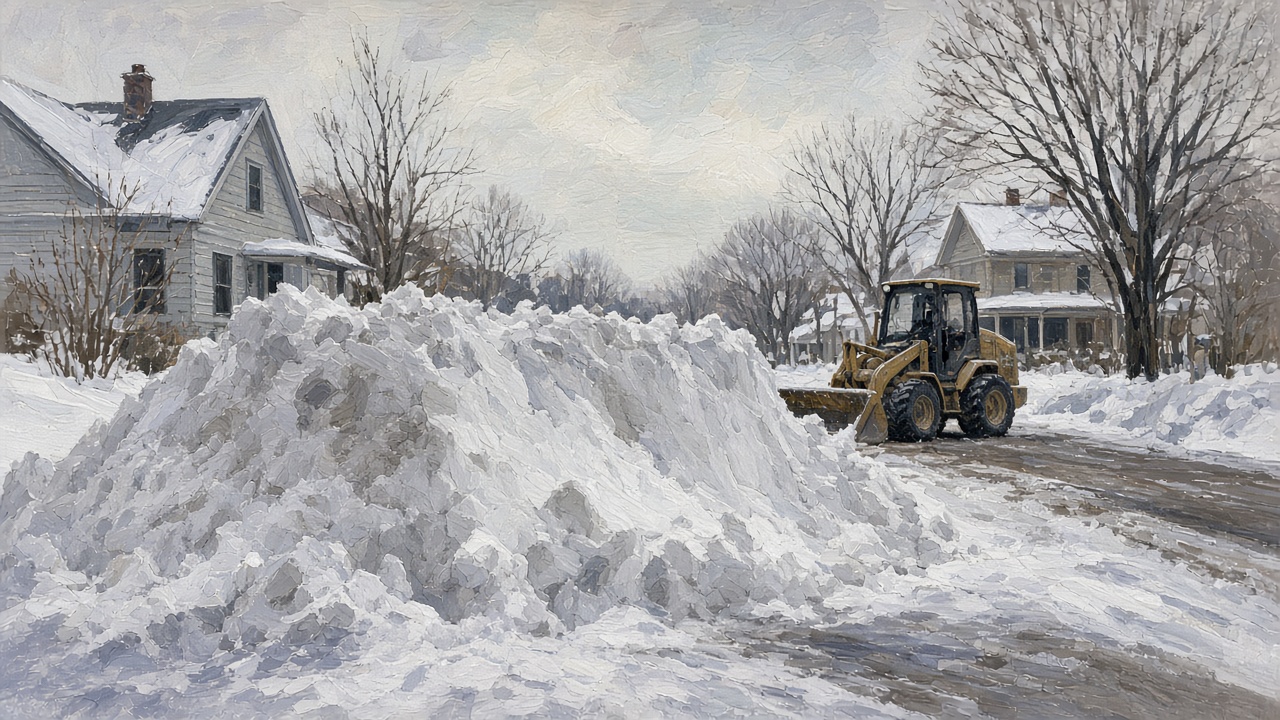 Painting of a tall frozen plow berm across a driveway with a small loader nearby, for berm and hard-pack removal in Anchorage