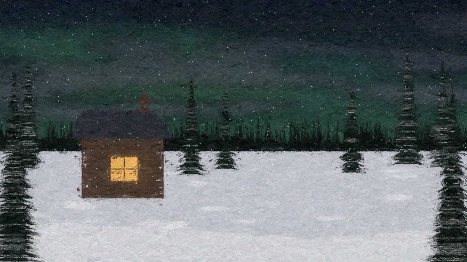 Painting of a Fairbanks cabin at night with green aurora bands behind broken clouds, snow falling over spruce trees and warm window light on the snow