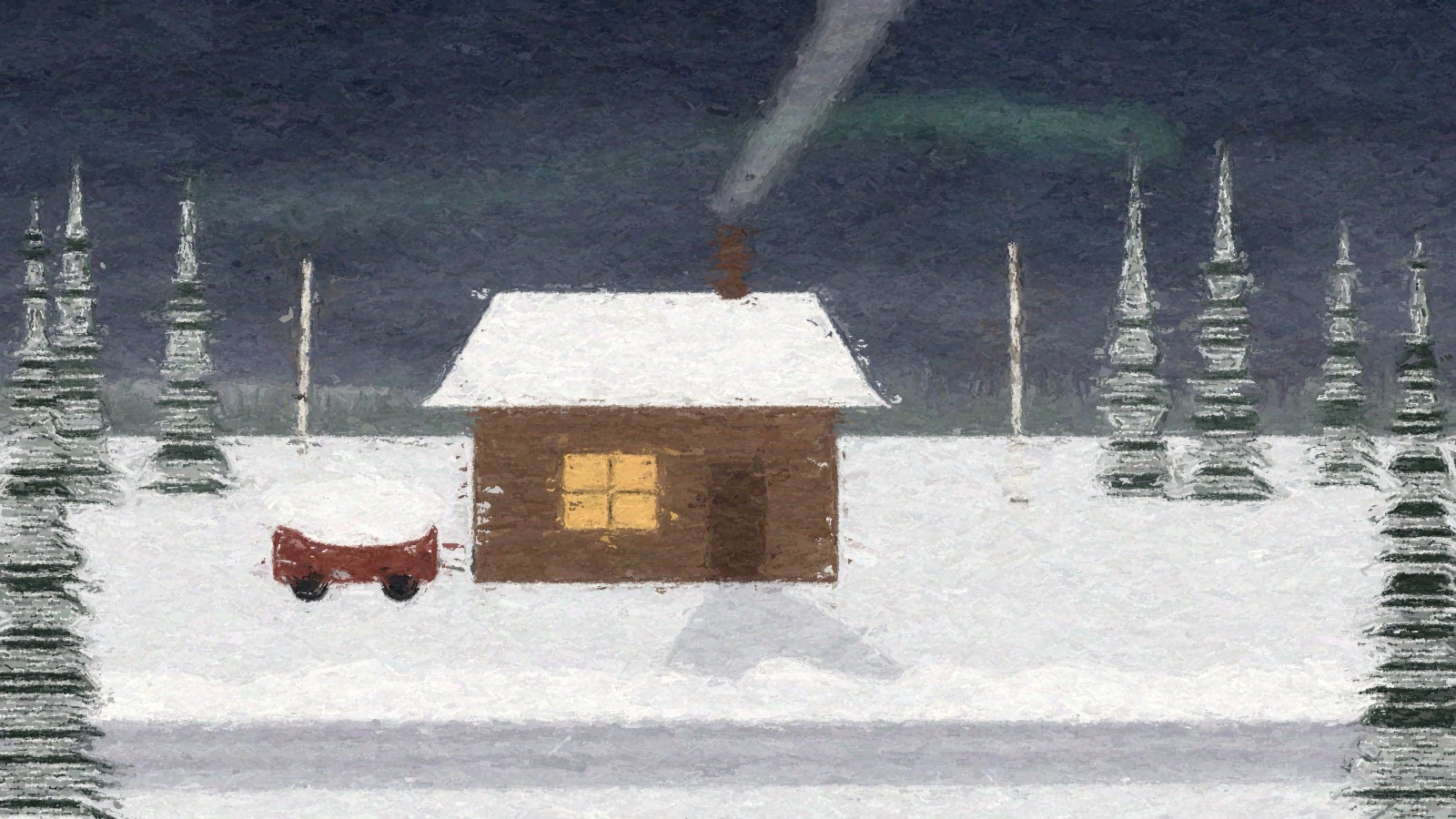 Painting of a snowy Fairbanks cabin at night with a lit window, chimney smoke, a snow covered truck plugged in, spruce and birch trees, and a faint green aurora band behind thick clouds
