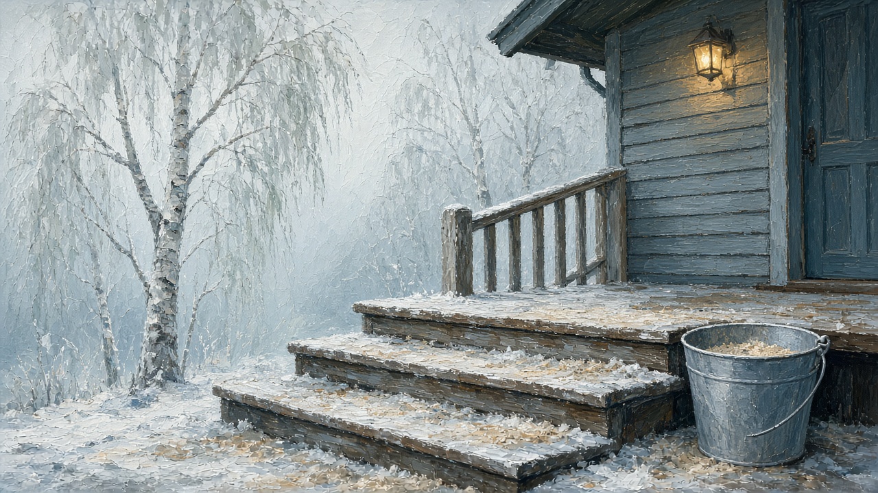 Painting of sanded icy steps and a bucket by frosted birch in fog, the kind of grit carpet cleaning in Fairbanks cleans up