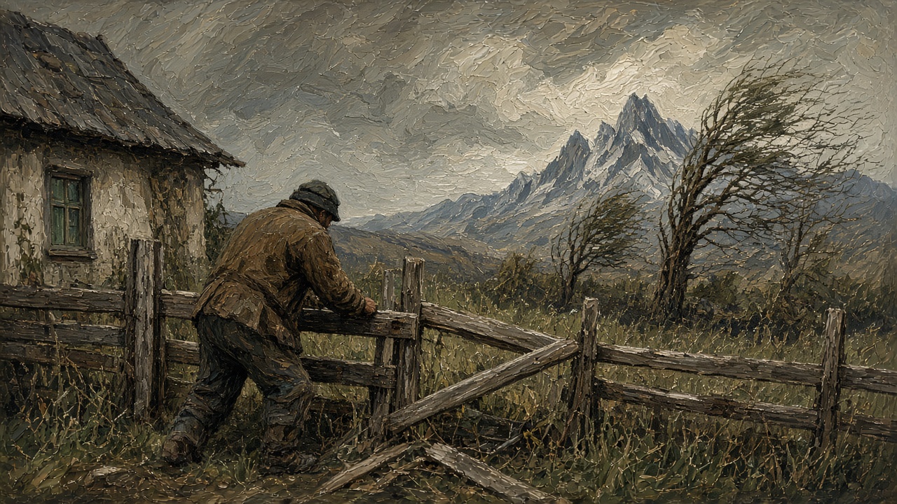Painting of a handyman repairing a wind-damaged wooden fence beside an old farmhouse, for handyman repairs in Palmer AK
