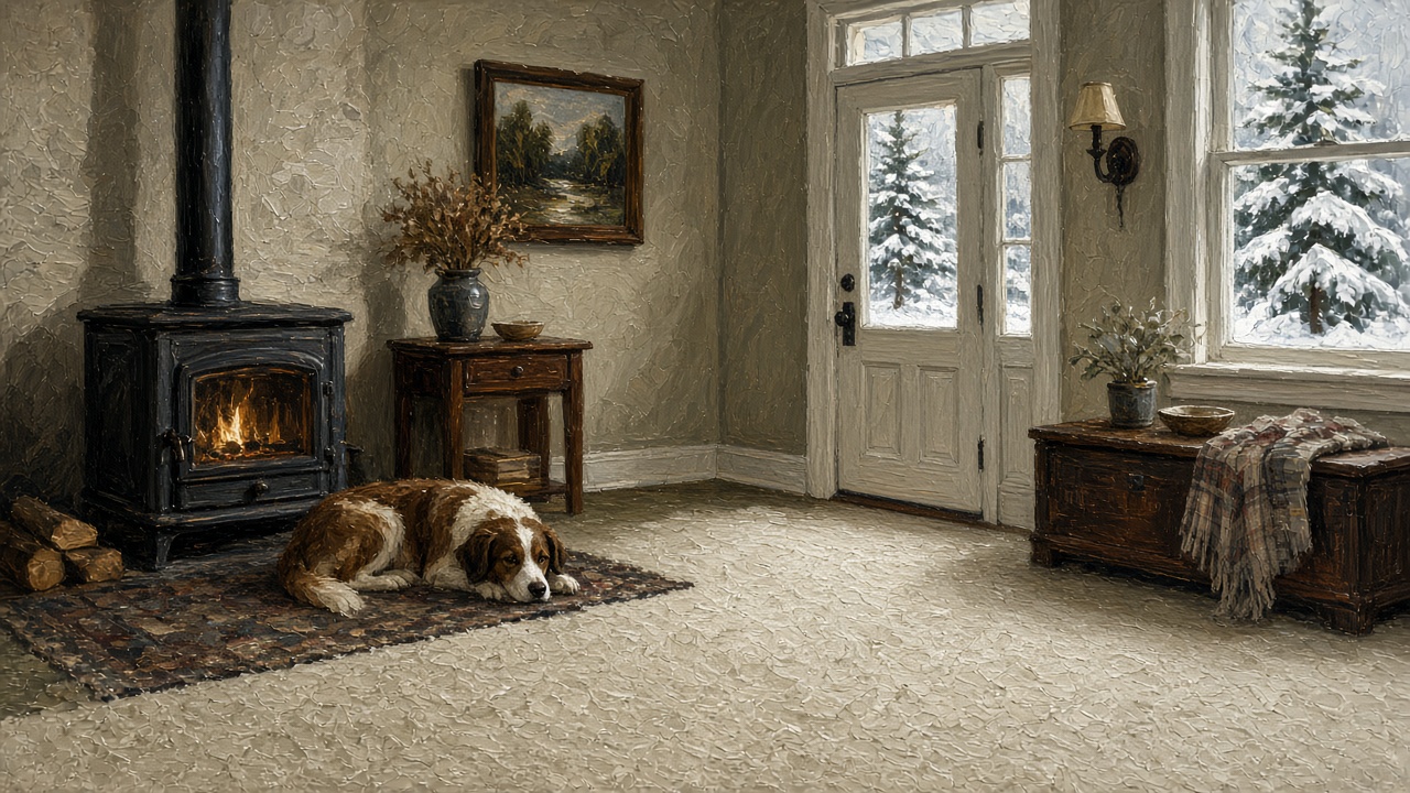 Painting of a dog resting on a clean carpet by a wood stove in a living room, for carpet cleaning in Wasilla