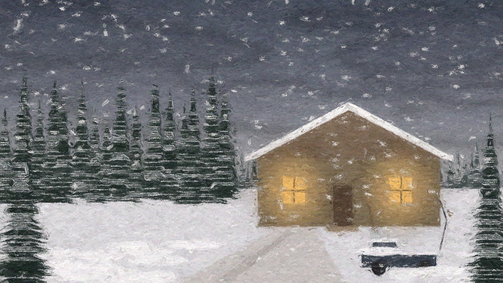 Hand-painted small wood house with lit windows on a snowy lot, black spruce, and a pickup as snow falls, ahead of the winter storm in Fairbanks and North Pole, Alaska