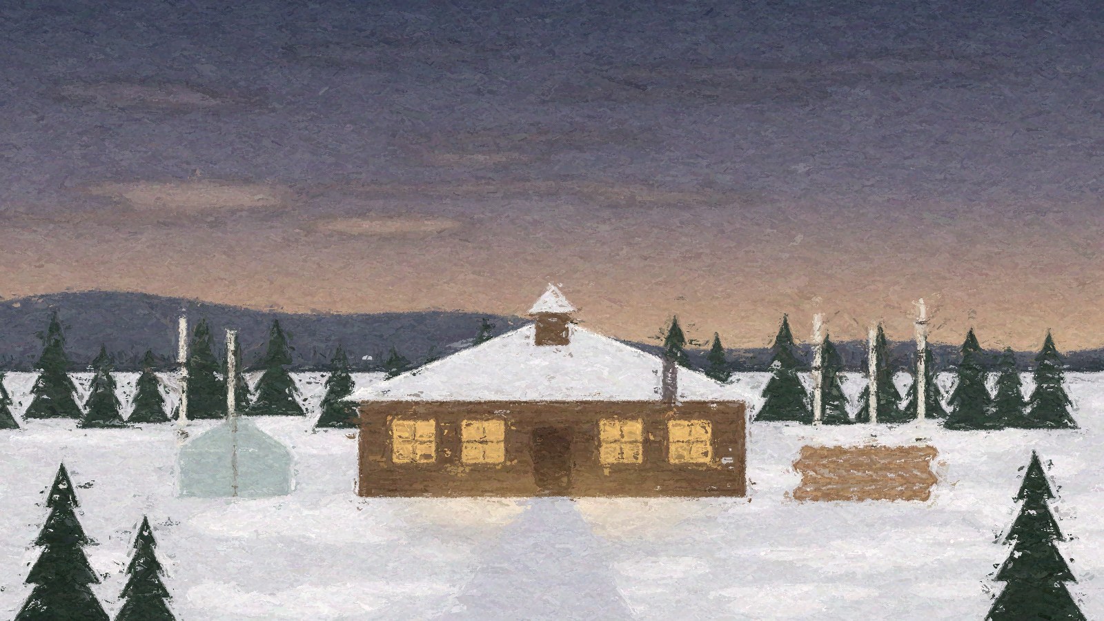 Hand-painted log schoolhouse with lit windows, a woodpile, and a small greenhouse among snowy spruce, for the new charter school in Two Rivers near Fairbanks, Alaska