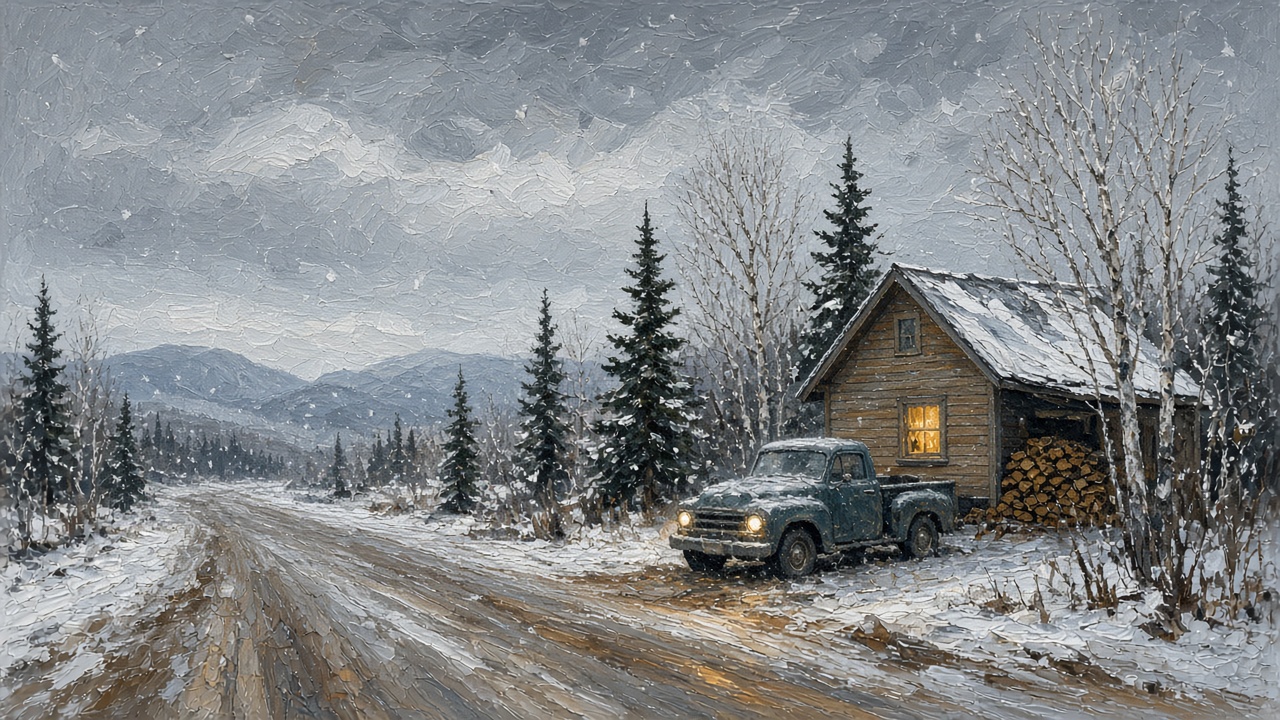 Painting of a slushy gravel road outside Fairbanks on a gray October day, a cabin with firewood and a pickup in wet snow, from a Fairbanks snow removal and cleaning team