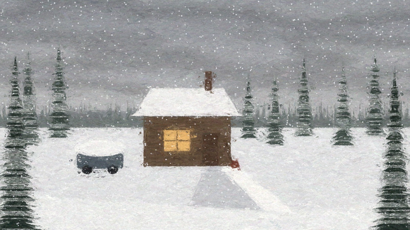 Painting of a Fairbanks cabin in falling snow with a half shoveled driveway, a snow covered truck, and spruce trees under a gray sky