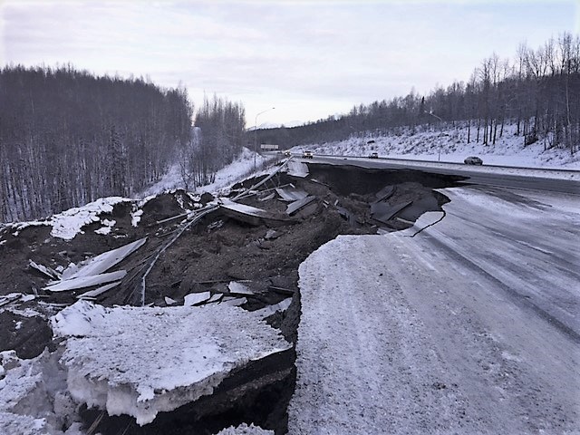 Photo of the Glenn Highway at Mirror Lake near Anchorage, Alaska, collapsed and cracked after the 2018 M7.1 earthquake