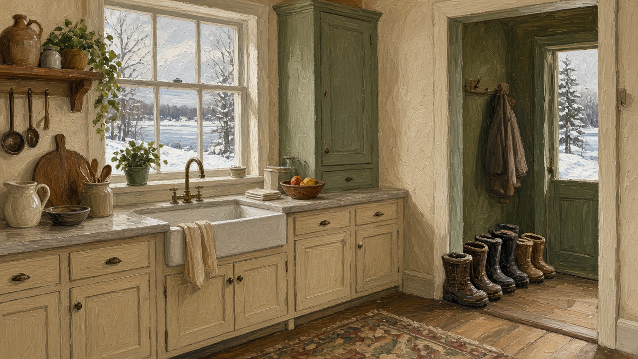 Painting of a clean farmhouse kitchen with a mudroom of boots and a snowy window, showing house cleaning in Wasilla