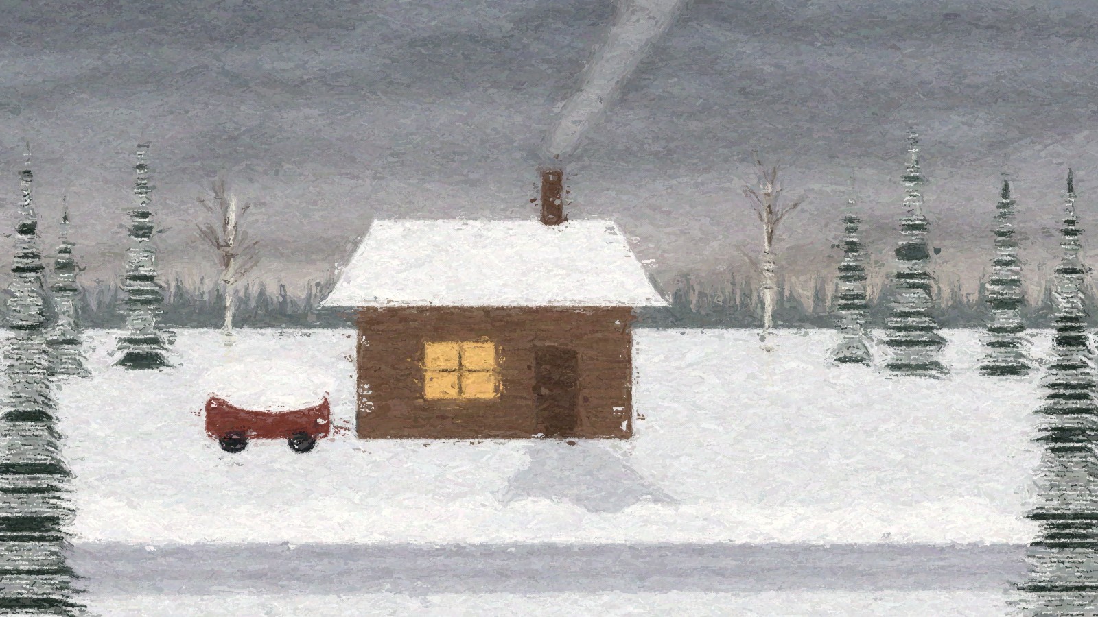 Painting of a Fairbanks cabin after fresh snow, with chimney smoke, a lit window, a snow covered truck plugged in, a plow berm along the road, and spruce and birch trees under a gray sky