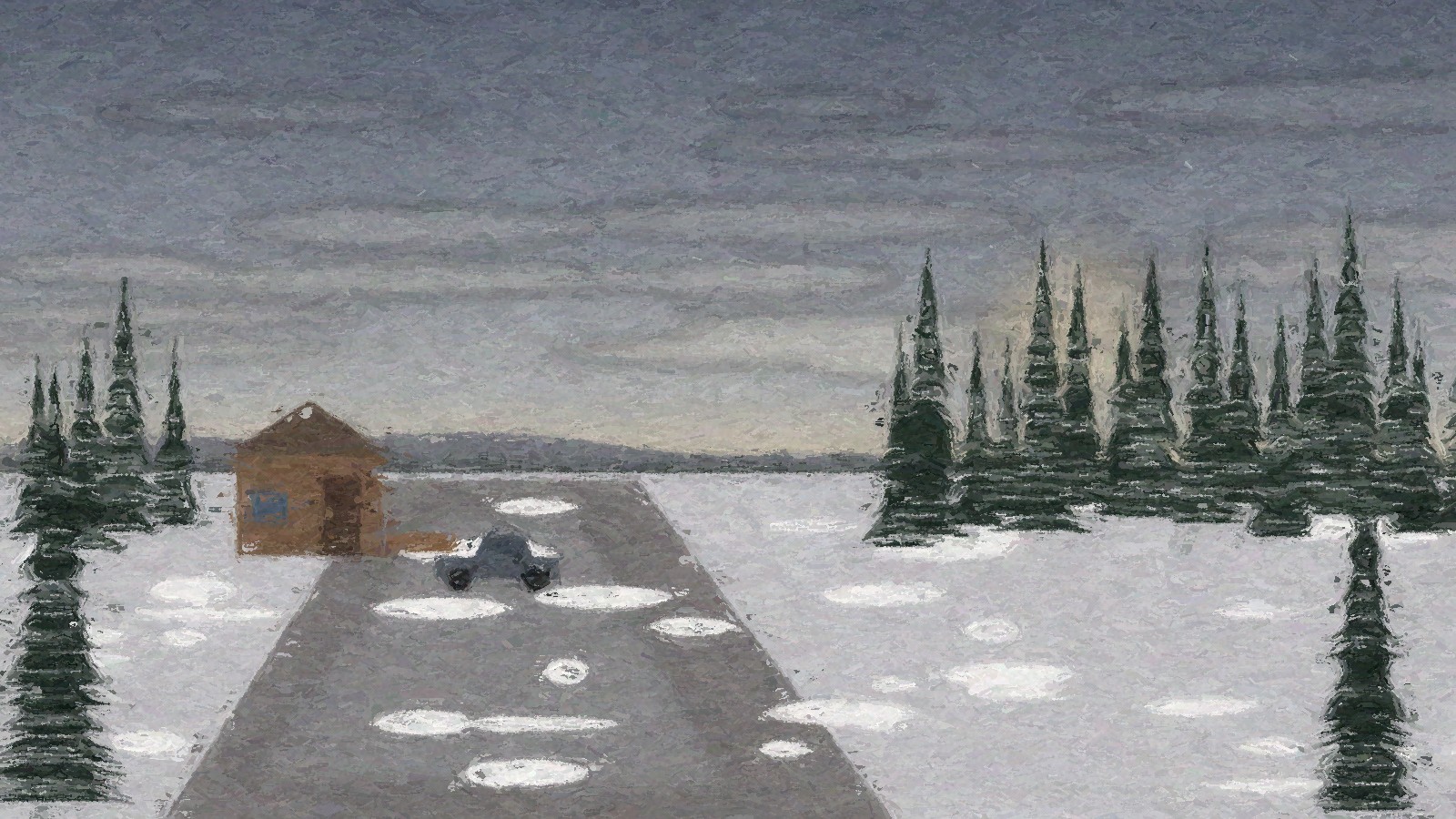 Painting of a slushy Fairbanks gravel road on a gray October day, a cabin and pickup under spruce trees with light snow and a soft sun break