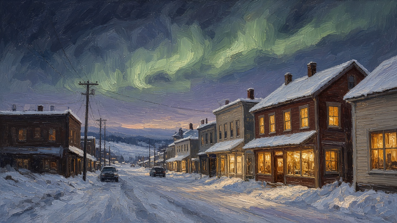 Painting of snowy downtown Fairbanks at night under the aurora, a weekend out while a Fairbanks cleaning company preps the house