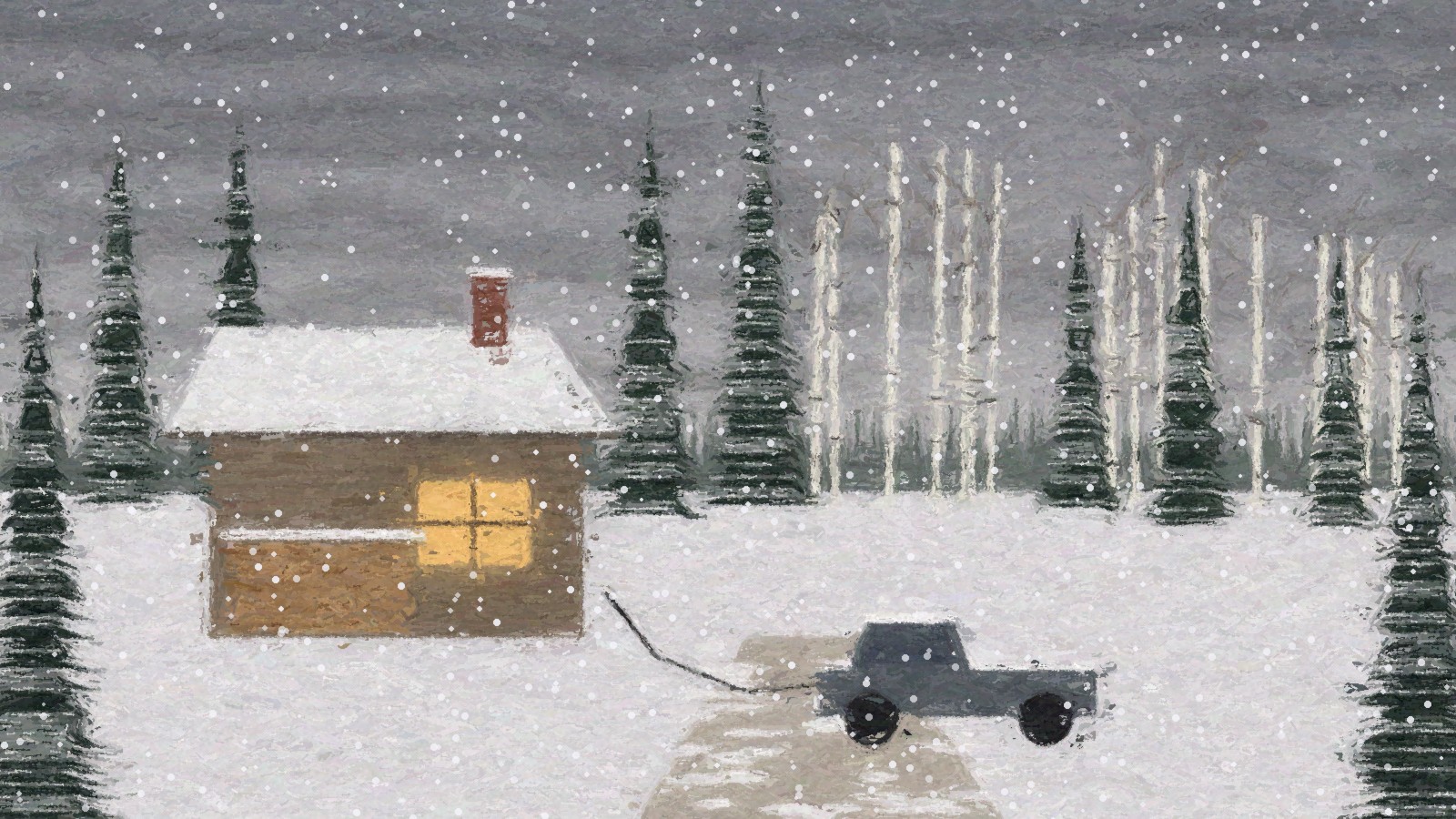 Painting of a snowy Saturday at a Fairbanks cabin with a lit window, a pickup plugged in on the driveway, and spruce and birch trees in light falling snow