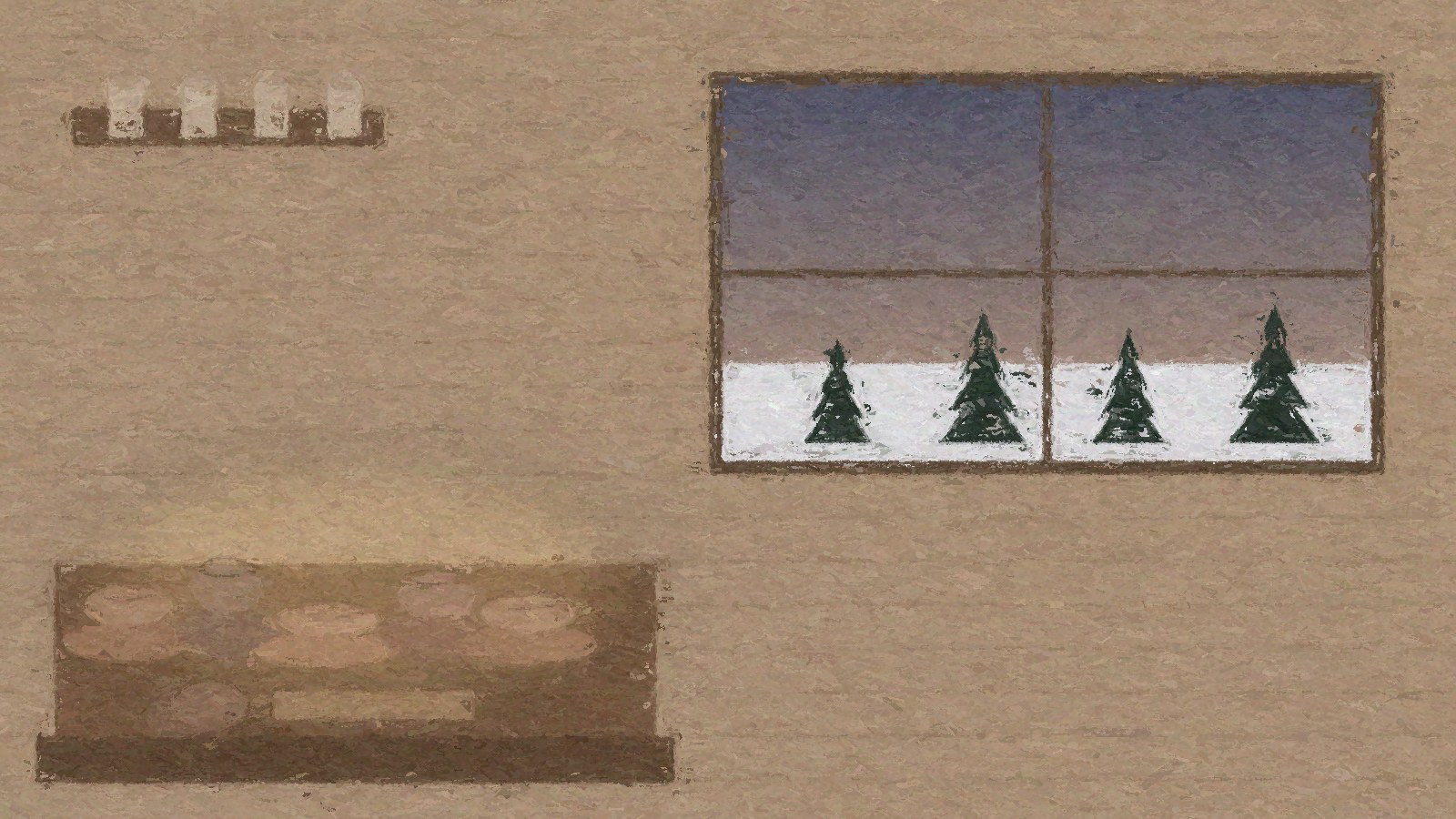Hand-painted view of pottery bowls on a workbench by a window with snowy spruce at dusk, for the Project Clay workshop at the North Pole Grange near Fairbanks, Alaska
